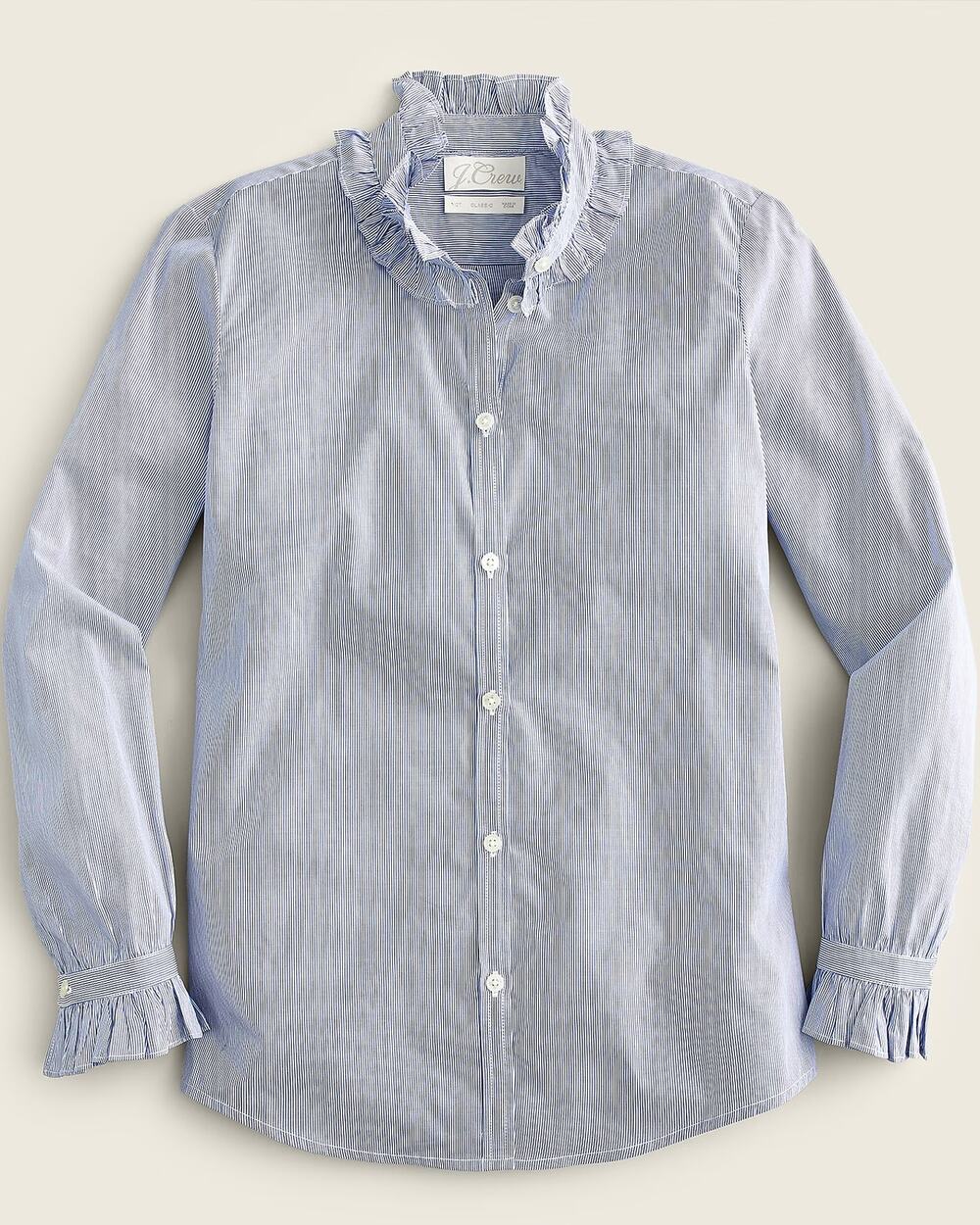 J. Crew Striped Long Sleeve Classic-Fit Ruffleneck Button-Up Shirt Blue White 18